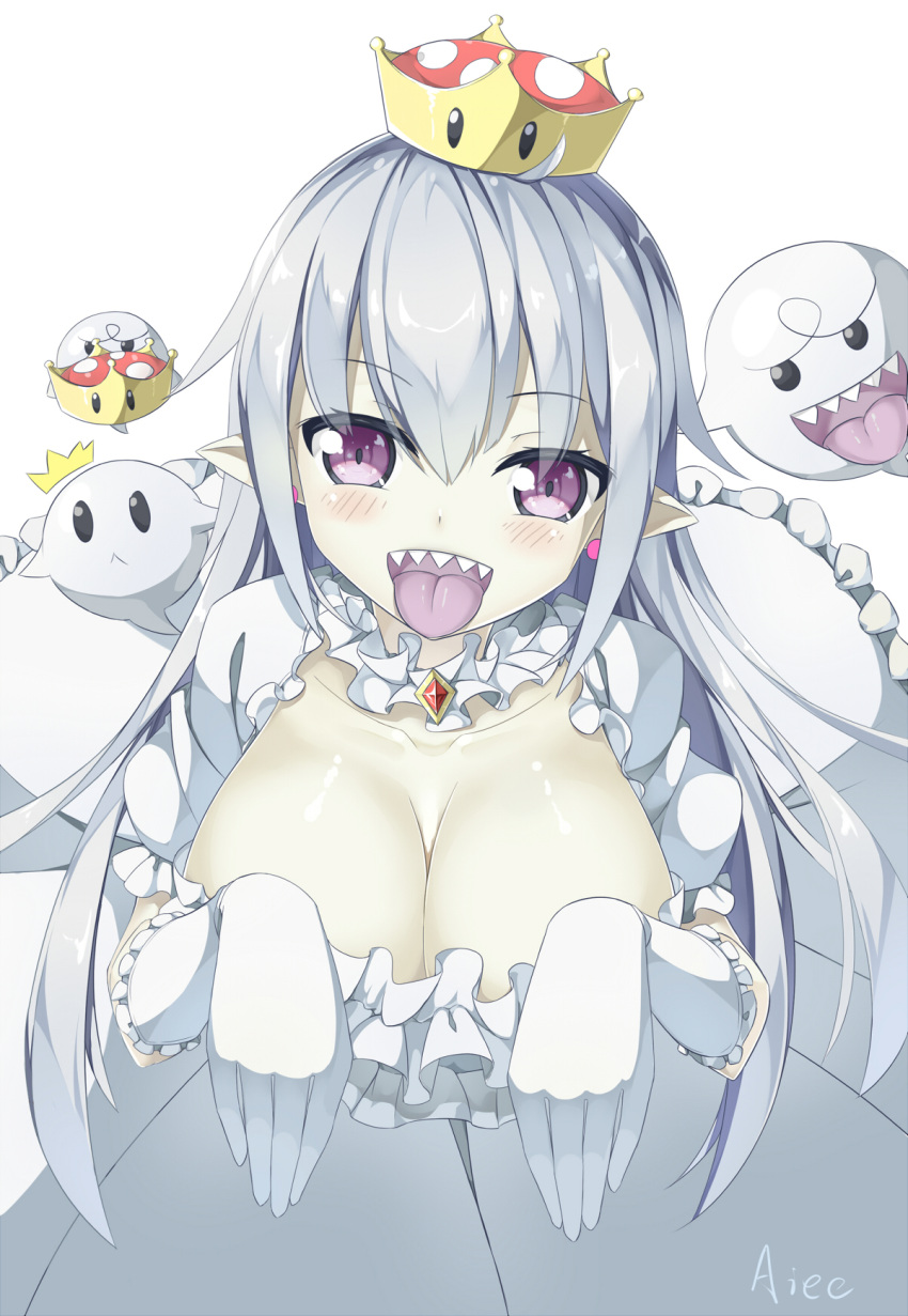 aiee blush boo_(mario) breasts cleavage collar crown dress elbow_gloves frilled_collar frilled_gloves frills ghost ghost_pose gloves grey_hair highres large_breasts leaning_forward long_hair looking_at_viewer luigi's_mansion mario_(series) mini_crown new_super_mario_bros._u_deluxe open_mouth pointy_ears princess_king_boo puffy_short_sleeves puffy_sleeves sharp_teeth short_sleeves simple_background super_crown teeth tilted_headwear tongue tongue_out white_background white_dress white_gloves