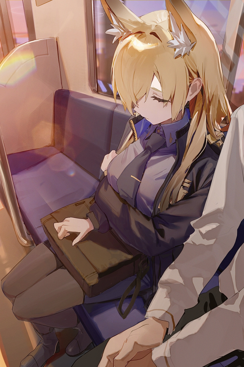 1boy 1girl absurdres animal_ears black_footwear black_jacket black_necktie black_pantyhose blonde_hair blue_archive blue_shirt boots breasts closed_eyes closed_mouth collared_shirt flatshi highres jacket kanna_(blue_archive) large_breasts long_hair long_sleeves necktie pantyhose shirt sitting sleeping train_interior