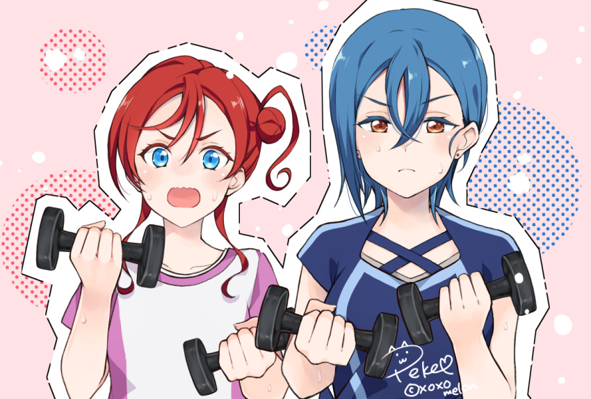 2girls blue_eyes blue_hair blue_shirt brown_eyes dumbbell hair_between_eyes hair_bun holding_dumbbell looking_at_viewer love_live! love_live!_superstar!! medium_hair multiple_girls open_mouth outline peke_(xoxopeke) purple_shirt red_hair shirt short_hair short_sleeves single_side_bun sweat upper_body v-shaped_eyebrows wakana_shiki wavy_mouth white_outline yoneme_mei