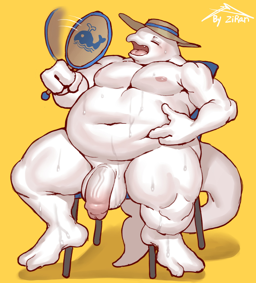 anthro balls beluga biped bodily_fluids cetacean clothing dolphin eyes_closed genitals half-erect hat headgear headwear hi_res male mammal marine monodontid mostly_nude navel nipples open_mouth penis sahner_(zi_ran) simple_background sitting solo sweat toothed_whale white_body yellow_background zi_ran