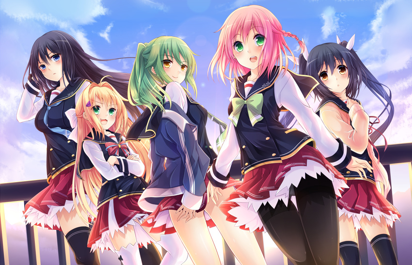 7gear :3 :o amagane_mikoto azuma_minami bad_id bad_pixiv_id black_hair black_legwear blonde_hair blue_eyes blue_sky blush bow braid brown_eyes cardigan cloud crossed_arms day fang fujisaki_aoi green_eyes green_hair hair_intakes hand_on_own_chest hatachi jacket long_hair looking_at_viewer looking_back multiple_girls necktie open_mouth panties panties_under_pantyhose pantyhose pink_hair pleated_skirt ponytail school_uniform skirt sky smile standing tachibana_shinobu thigh_gap thighhighs track_jacket twintails underwear white_legwear yazawa_shion zettai_ryouiki