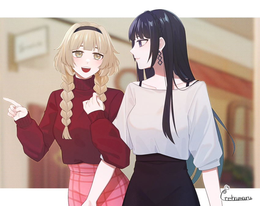 2girls black_hair black_skirt blonde_hair blush borrowed_character braid closed_mouth collarbone commission crown_braid earrings highres jewelry locked_arms long_hair looking_at_another low_twin_braids multiple_girls open_mouth original pink_skirt pointing purple_eyes red_sweater sidelocks skeb_commission skirt sweater tebamaru teeth turtleneck turtleneck_sweater twin_braids upper_teeth_only yellow_eyes