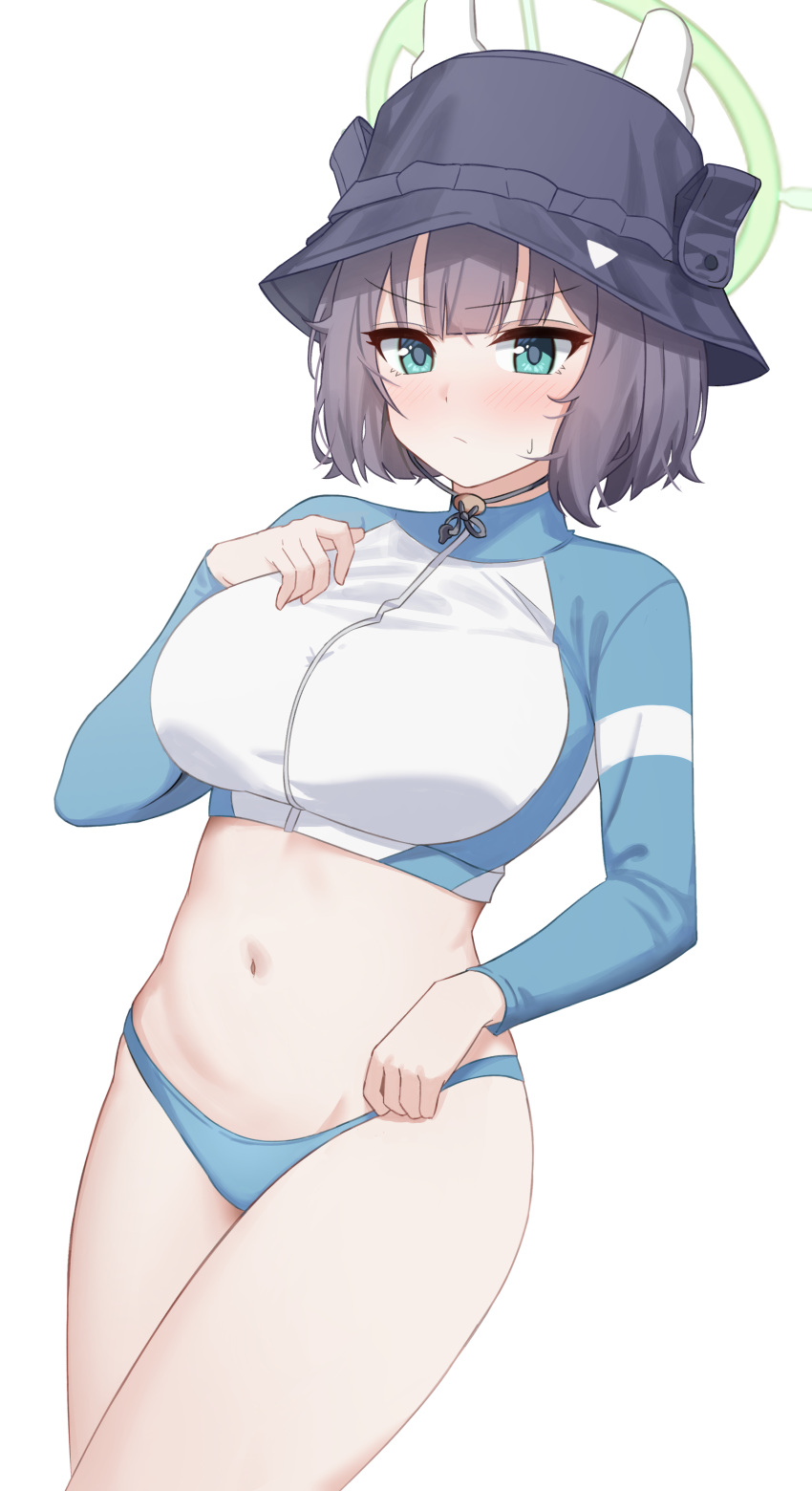 1girl absurdres bikini bikini_bottom_only black_headwear blue_archive blue_bikini blush breasts bucket_hat commentary cowboy_shot green_eyes green_halo halo hand_on_own_chest hand_up hat highres hinmyoi large_breasts long_sleeves navel official_alternate_costume purple_hair rash_guard saki_(blue_archive) saki_(swimsuit)_(blue_archive) short_hair simple_background solo standing sweat swimsuit thighs white_background