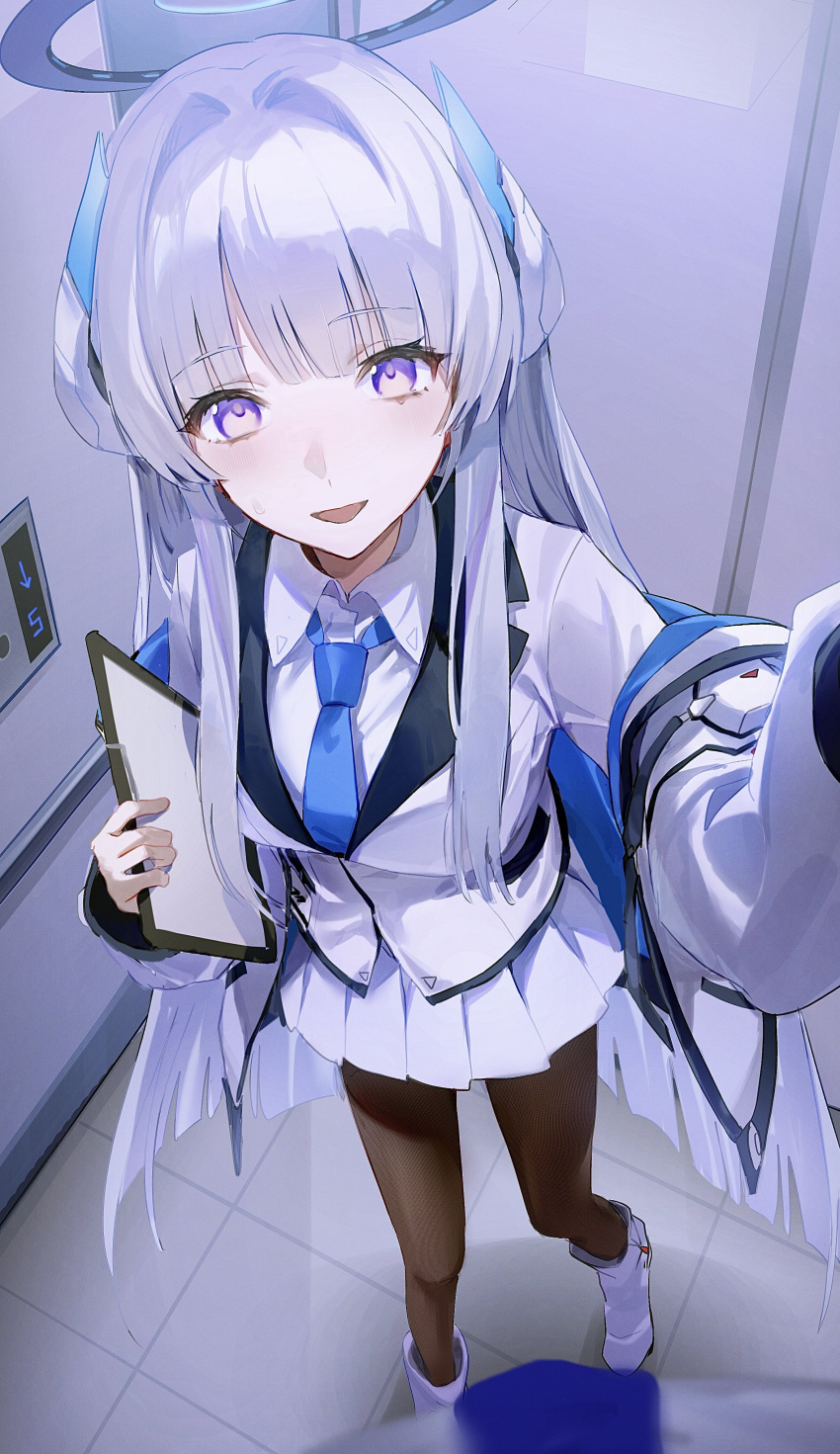 1girl absurdres blue_archive blue_necktie boots clipboard collared_shirt elevator flatshi from_above grey_hair halo highres holding holding_clipboard id_card indoors jacket long_hair looking_at_viewer necktie noa_(blue_archive) open_clothes open_jacket open_mouth pantyhose pleated_skirt purple_eyes reaching reaching_towards_viewer shirt skirt smile solo standing suit white_jacket white_shirt white_skirt white_suit