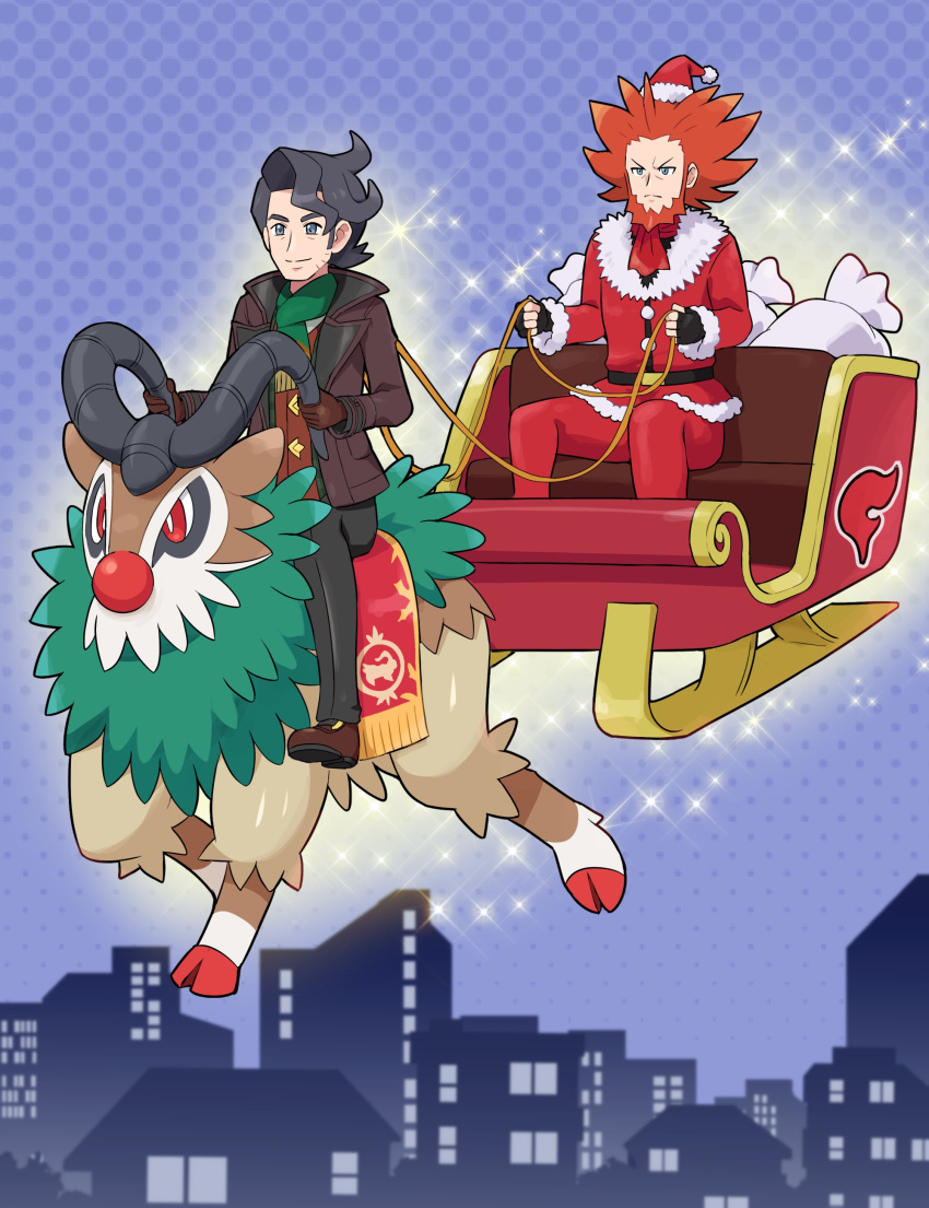 2boys absurdres augustine_sycamore augustine_sycamore_(holiday_2023) black_gloves black_hair black_pants brown_footwear brown_gloves brown_jacket christmas closed_mouth facial_hair fingerless_gloves gloves gogoat green_scarf grey_eyes hat highres holding holding_reins jacket long_sleeves lysandre_(pokemon) male_focus multiple_boys official_alternate_costume open_clothes open_jacket pants pokemoa pokemon pokemon_(creature) pokemon_masters_ex pokemon_xy red_headwear red_jacket red_pants reins santa_costume santa_hat scarf shoes short_hair sitting sleigh smile sparkle stubble