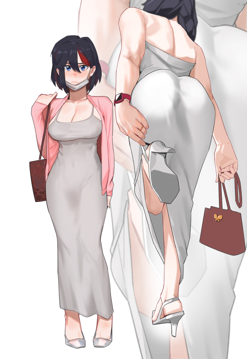 1girl bag black_hair blue_eyes breasts cleavage dongtan_dress dress grey_dress highres hong_doo kill_la_kill large_breasts long_sleeves looking_at_viewer mask matoi_ryuuko meme_attire mouth_mask multicolored_hair red_hair streaked_hair taut_clothes taut_dress two-tone_hair white_dress white_mask