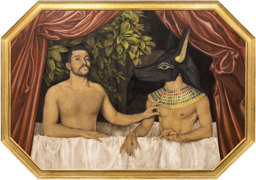 2018 alireza_shojaina ankh anubis bathtub deity duo egyptian_mythology facial_hair hair hamed_sinno hi_res human humanoid male male/male mammal middle_eastern_mythology mustache mythology traditional_media_(artwork)