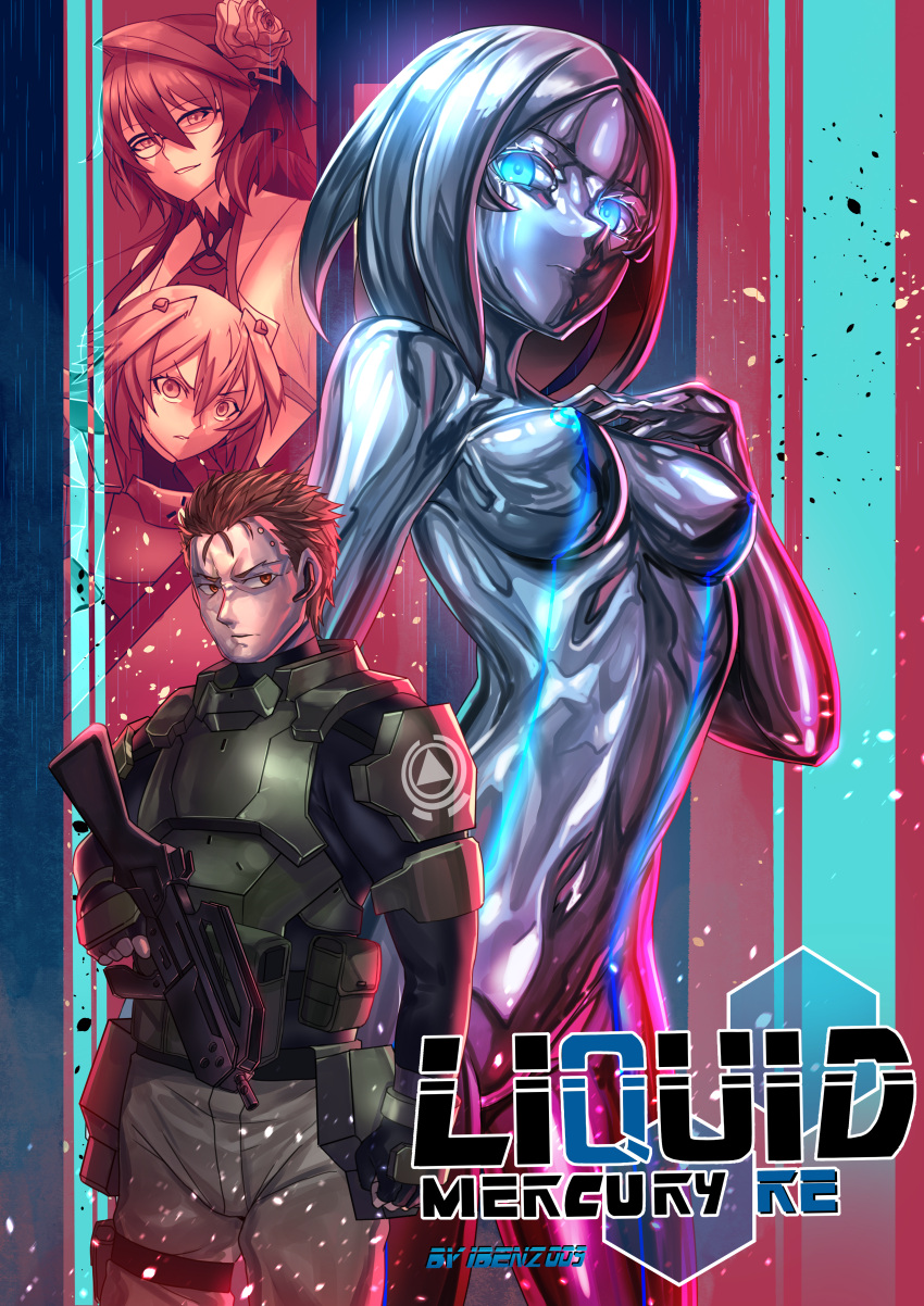 1boy 3girls absurdres android armor blue_eyes breasts commentary english_text fingerless_gloves glasses gloves glowing glowing_eyes gun hair_slicked_back hand_on_own_chest highres holding holding_gun holding_weapon ibenz009 looking_at_viewer medium_breasts mercury_(element) metal_skin multiple_girls navel neon_trim orange_hair original parted_bangs red_eyes shiny_skin short_hair submachine_gun weapon