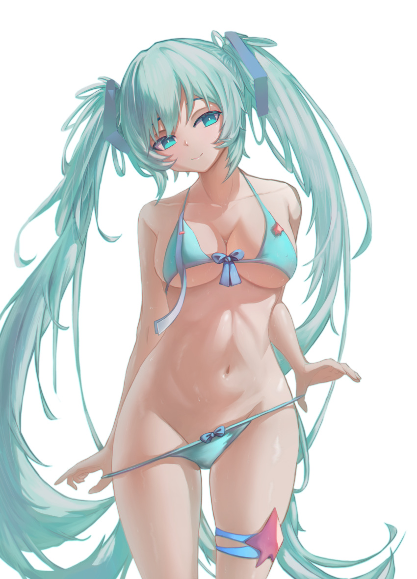 1girl absurdres aqua_bra aqua_eyes aqua_hair aqua_panties bare_shoulders belly blue_bow bow bra breasts eyebrows_hidden_by_hair hatsune_miku highres looking_to_the_side medium_breasts muweint panties panty_pull simple_background solo standing stomach taking_off thighlet twintails underwear undressing vocaloid white_background