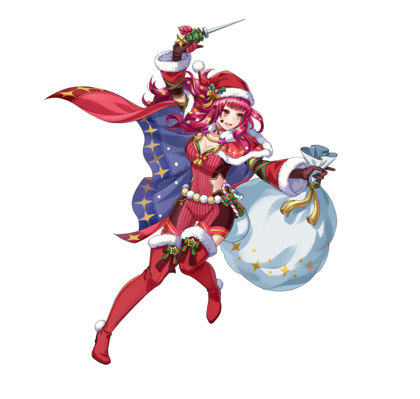 1girl attack blue_cape bodysuit boots breasts cape cleavage fire_emblem fire_emblem_engage fire_emblem_heroes hair_ornament hat holding holding_sack ice_pick katze-reis-kuchen--nyankoromochi long_hair medium_breasts mistletoe mistletoe_hair_ornament multicolored_cape multicolored_clothes official_alternate_costume official_art open_mouth red_bodysuit red_cape red_footwear red_hair sack santa_hat smile solo star_(symbol) star_hair_ornament star_print thigh_boots yunaka_(fire_emblem) yunaka_(fire_emblem)_(spirited_envoy)