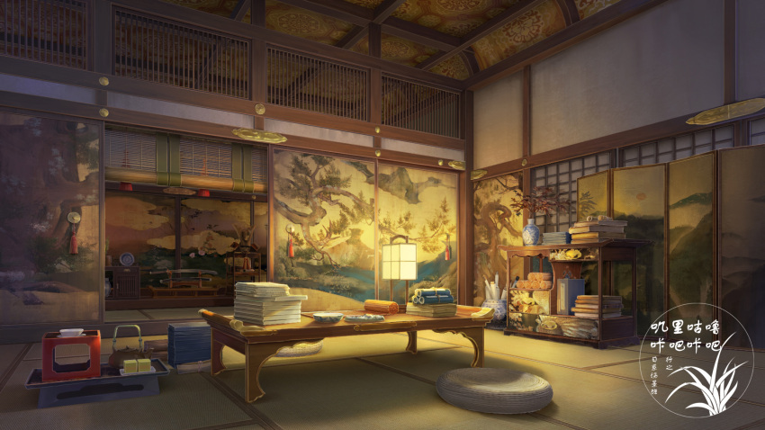 artist_logo bamboo_screen cushion folding_screen highres indoors katana kettle lamp no_humans original scenery scroll shelf sword table vase weapon wooden_table xingzhi_lv