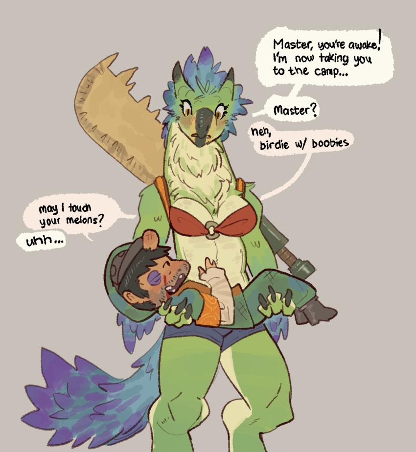 anthro breasts capcom clothed clothing dinosaur female fingers fur green_body hi_res horn human mammal monster_hunter monster_hunter_wilds reptile scalie tail text yolabayola1