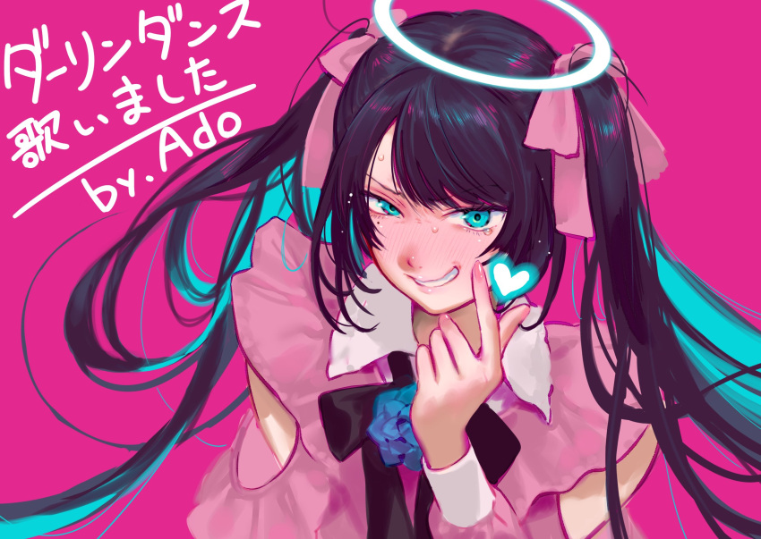 1girl ado_(utaite) black_hair blue_eyes blue_hair blush chando_(ado) character_name clenched_teeth clothing_cutout cloud_nine_inc colored_inner_hair commentary daisukisan darling_dance_(vocaloid) finger_heart halo heart highres jirai_kei long_sleeves mole mole_under_eye multicolored_hair nervous_sweating pink_background shoulder_cutout simple_background smile solo sweat teeth twintails two-tone_hair upper_body utaite