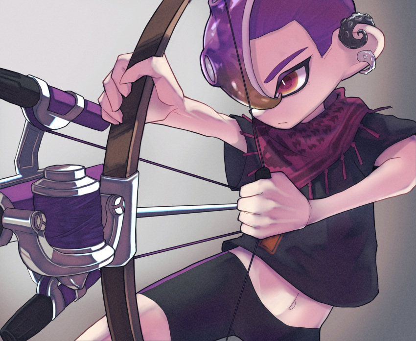 1boy bike_shorts black_shirt bow_(weapon) bright_pupils closed_mouth commentary_request earrings gradient_background grey_background highres holding holding_bow_(weapon) holding_weapon jewelry male_focus midriff mohawk nastar_r0 navel neckerchief octoling octoling_boy purple_hair purple_neckerchief red_eyes shirt short_hair simple_background slit_pupils solo splatoon_(series) splatoon_3 tentacle_hair tri-stringer_(splatoon) weapon