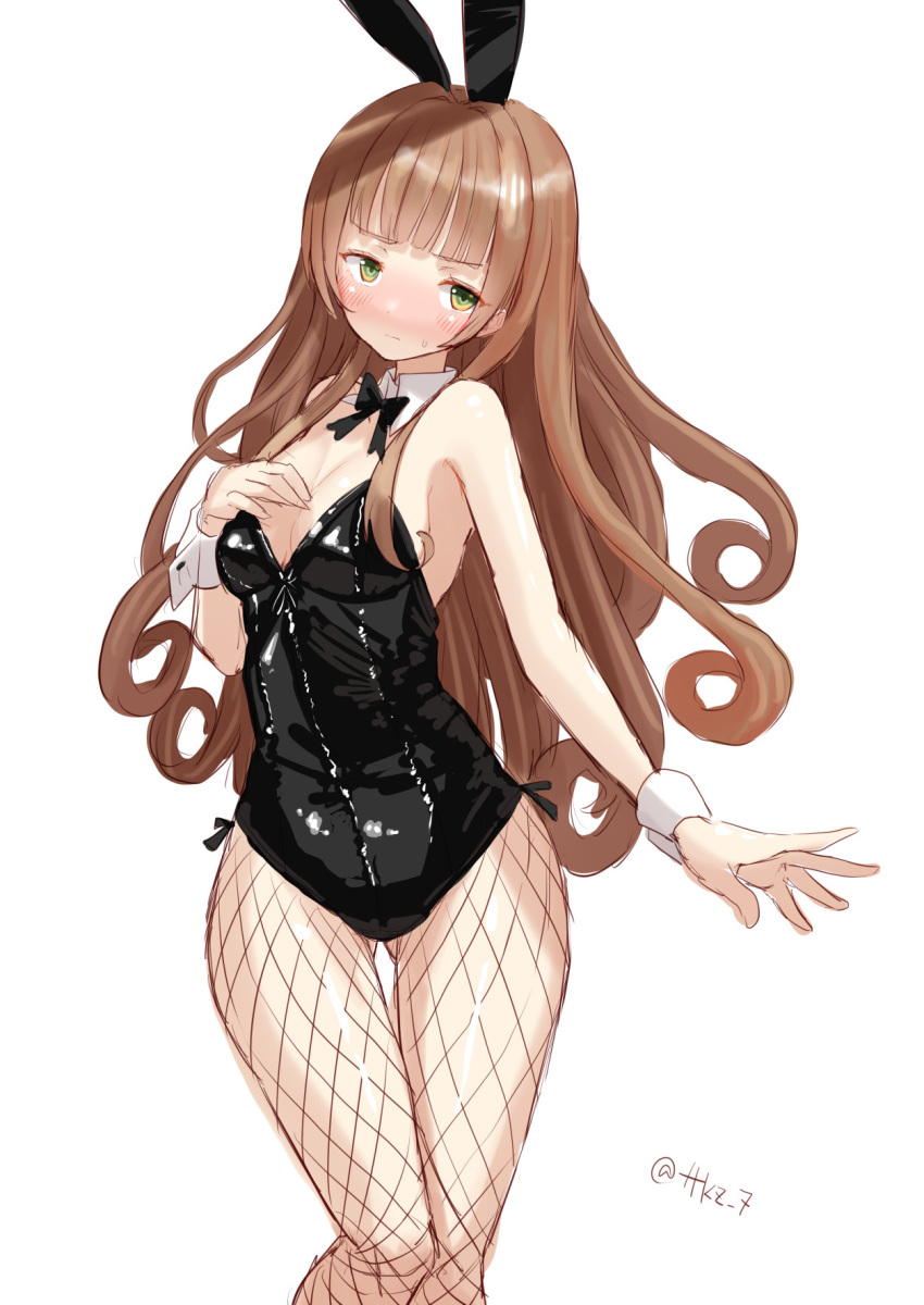 1girl alternate_costume animal_ears ass_visible_through_thighs black_bow black_bowtie black_leotard blunt_bangs bow bowtie breasts brown_hair detached_collar feet_out_of_frame fishnet_pantyhose fishnets green_eyes helena_(kancolle) highres kantai_collection leotard long_hair looking_at_viewer one-hour_drawing_challenge pantyhose playboy_bunny rabbit_ears simple_background small_breasts solo standing strapless strapless_leotard tetsukuzu_(yajirushi_shita) thigh_gap white_background wrist_cuffs