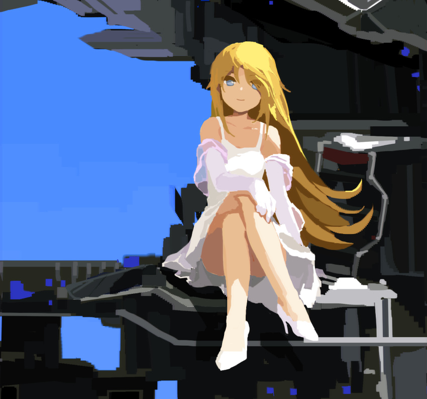 1girl blonde_hair blue_eyes blue_sky breasts commentary_request day dress elbow_gloves eyes_visible_through_hair gloves high_heels highres kaigen_1025 long_hair looking_at_viewer marie_(seihou) outdoors seihou sitting sky sleeveless sleeveless_dress small_breasts solo white_dress white_gloves