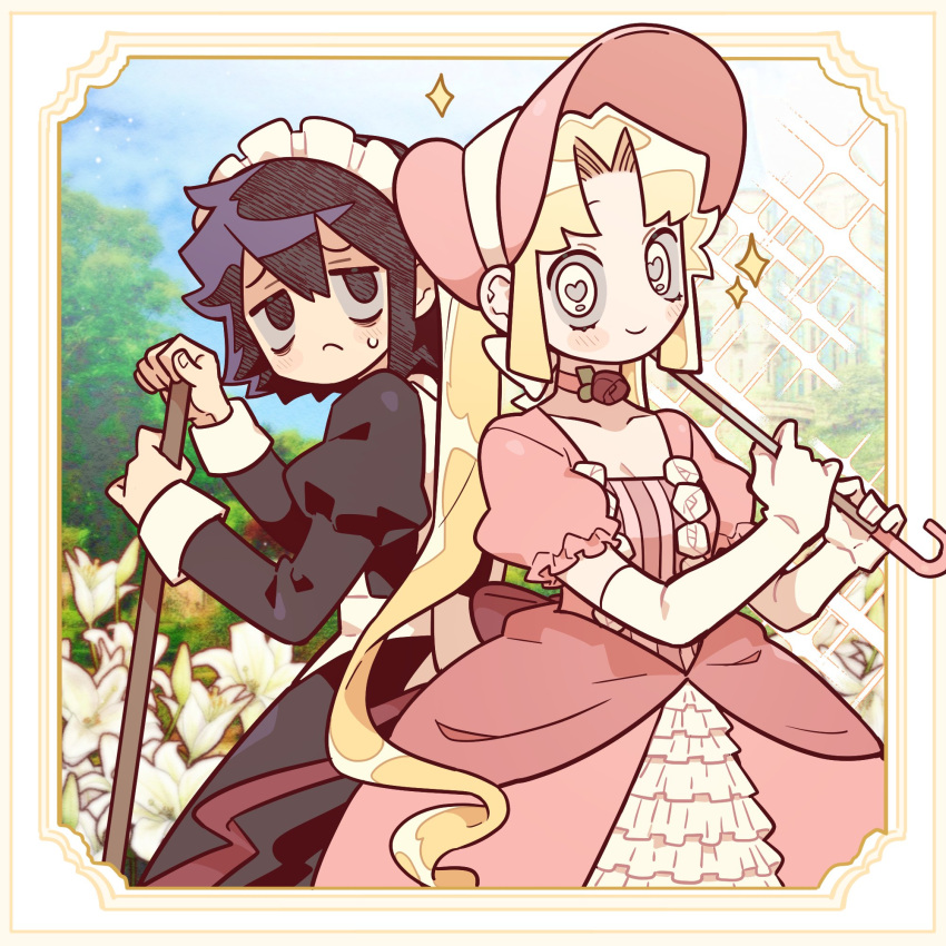 2girls :c alternate_costume black_dress black_eyes black_hair blonde_hair blush bonnet breasts broom choker cleavage curly_hair dress elbow_gloves enmaided flower gloves hair_between_eyes heart heart-shaped_pupils highres holding holding_broom holding_umbrella long_hair looking_at_another looking_at_viewer maid maid_headdress multiple_girls naneun_eimileul_salanghae pink_dress red_ribbon ribbon ribbon_choker short_hair smile sparkle sweatdrop symbol-shaped_pupils twintails umbrella unn1666 upper_body very_long_hair white_flower white_gloves