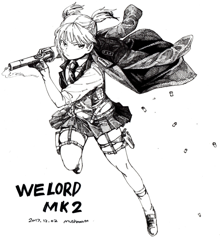 1girl :/ absurdres artist_name bolt_action character_name collared_shirt commentary crosshatching dated floating_hair full_body garter_straps girls'_frontline gloves greyscale gun half_gloves handgun hatching_(texture) highres holding holding_gun holding_weapon holster jacket jacket_on_shoulders kneehighs loafers looking_to_the_side midriff_peek miniskirt monochrome mushroom_(osh320) necktie pleated_skirt serious shell_casing shirt shoes short_twintails simple_background skirt sleeves_rolled_up smoke smoking_gun socks solo thigh_holster twintails typo v-shaped_eyebrows vest weapon welrod welrod_mkii_(girls'_frontline)