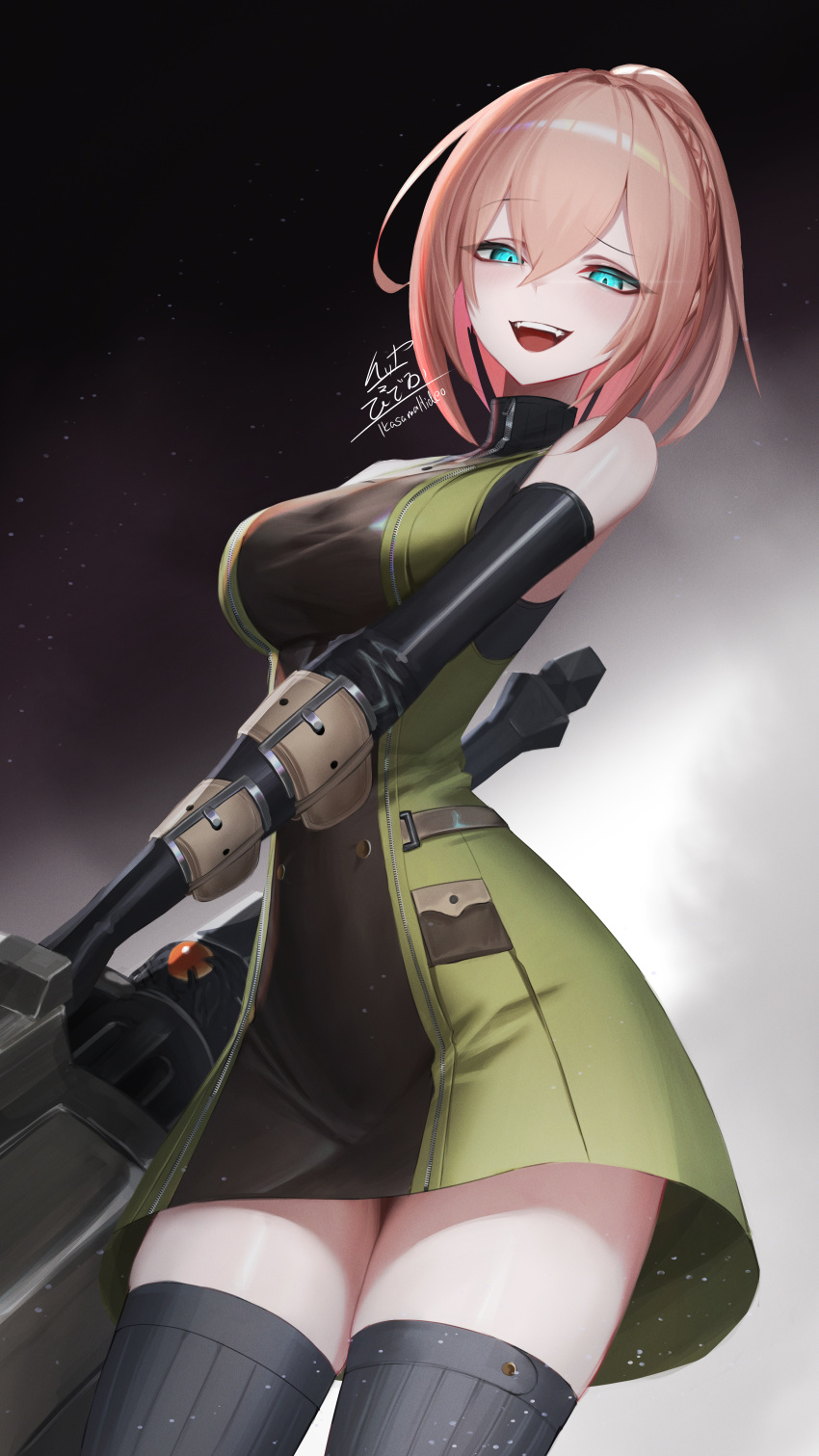 1girl :d absurdres aqua_eyes bare_shoulders black_background breasts crazy_eyes daiba_canon dress elbow_gloves gloves glowing glowing_eyes god_eater green_dress grey_background half-closed_eyes highres holding holding_weapon ikasamahideo large_breasts looking_at_viewer pink_hair short_hair signature smile solo teeth thighhighs two-tone_background upper_teeth_only weapon