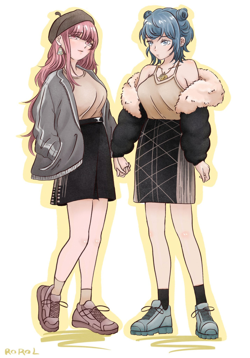 2girls artist_name asahina_yurina black_jacket black_skirt black_socks blue_eyes blue_hair breasts brown_camisole brown_headwear brown_shirt brown_socks camisole cheating_(relationship) closed_mouth commentary_request double_bun earrings full_body fur-trimmed_jacket fur_trim grey_jacket hair_bun hand_in_pocket highres holding_hands jacket jewelry kyou_wa_kanojo_ga_inai_kara large_breasts long_hair long_sleeves looking_at_viewer multiple_girls necklace open_clothes open_jacket outline parted_lips pink_eyes pink_hair rorol_reime shirt short_hair sidelocks skirt socks solo taki_fuuko white_background yellow_outline yuri