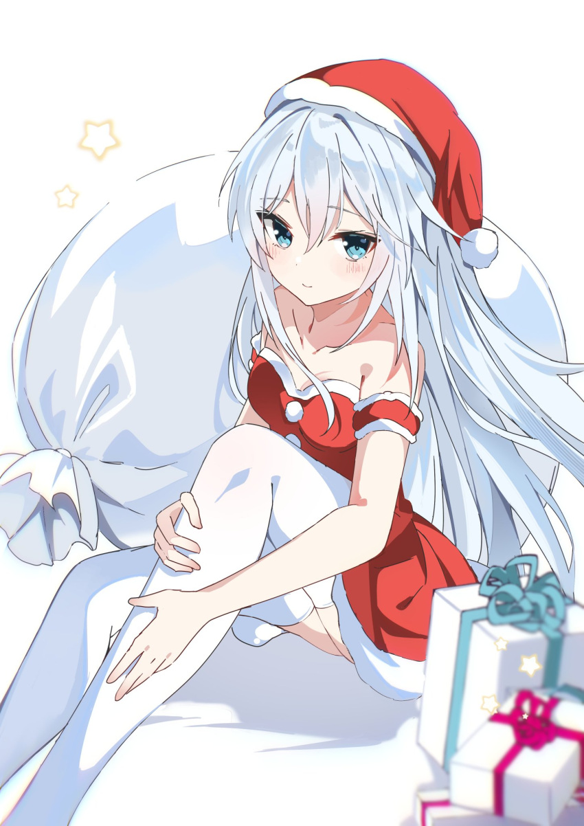 bag blue_eyes breasts collarbone dress fathom gift hat hibiki_(kancolle) highres kantai_collection long_hair looking_at_viewer on_floor santa_dress santa_hat simple_background small_breasts star_(symbol) strapless strapless_dress thighhighs white_hair white_thighhighs