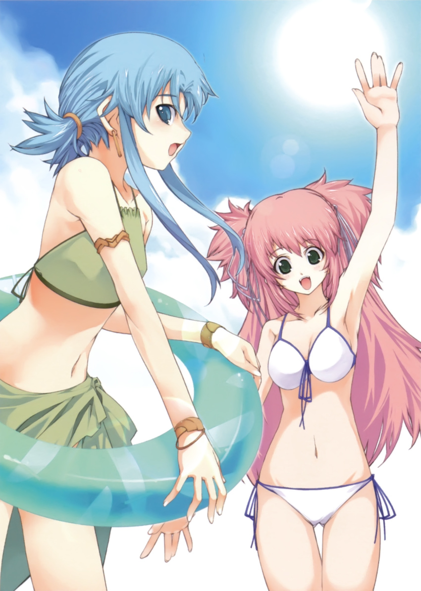 alternate_costume anna_laemmle artist_request atelier_(series) bikini blue_eyes blue_hair bracelet breasts cloud day earrings green_eyes hair_ornament highres innertube jewelry long_hair mana_khemia mana_khemia_(series) medium_breasts multiple_girls navel official_art open_mouth philomel_hartung pink_hair short_hair short_twintails side-tie_bikini sky swimsuit twintails two_side_up