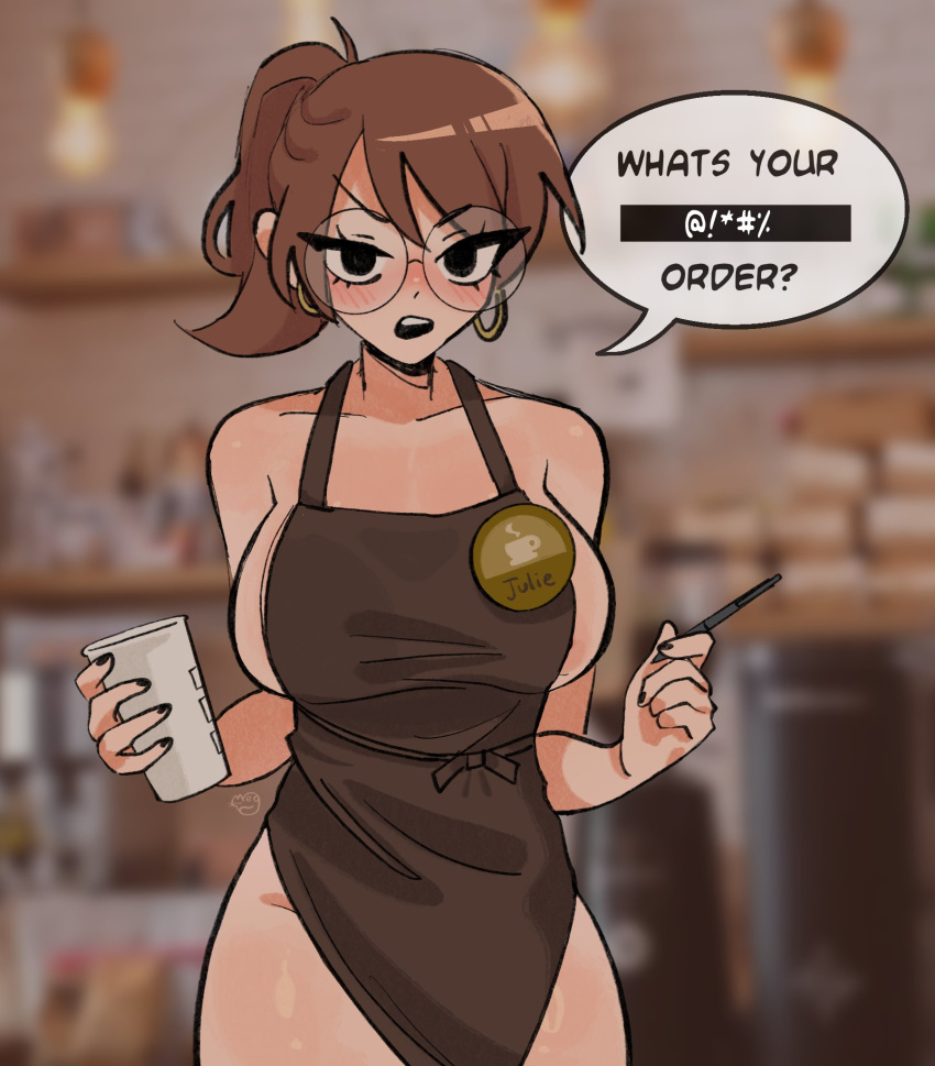 1girl annoyed apron barista black_eyeliner black_eyes black_nails blurry blurry_background blush breasts brown_apron brown_hair censored_text commentary cowboy_shot cup disposable_cup english_commentary english_text eyeliner fingernails glasses highres holding holding_cup holding_pen iced_latte_with_breast_milk_(meme) julie_powers large_breasts long_hair looking_at_viewer makeup megrocks meme nail_polish naked_apron name_tag no_bra no_panties pen profanity rimless_eyewear round_eyewear scott_pilgrim_(series) scott_pilgrim_takes_off sideboob solo speech_bubble teeth thighs upper_teeth_only w_arms