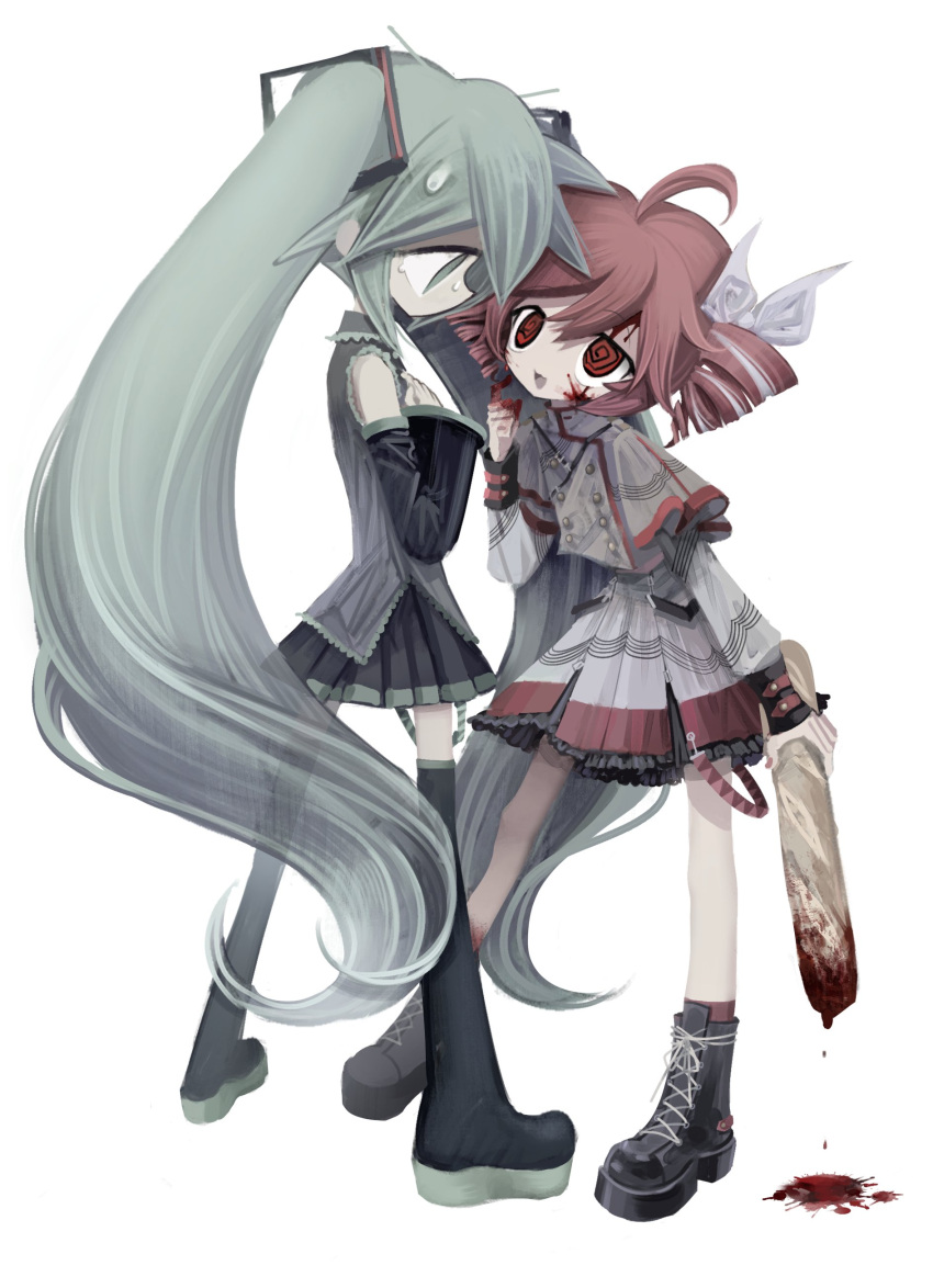 2girls @_@ absurdres baguette blood blood_on_face blood_on_hands blood_splatter blue_eyes blue_hair boots bread capelet cross-laced_footwear detached_sleeves drill_hair empty_eyes food full_body hands_on_own_chest hatsune_miku highres holding holding_food kasane_teto kasane_teto_(sv) lace-up_boots long_hair long_sleeves looking_at_another meyou_0319 multiple_girls open_mouth pink_hair red_eyes shirt skirt sleeveless sleeveless_shirt smile socks sweat sweatdrop synthesizer_v thigh_boots twin_drills twintails utau very_long_hair vocaloid