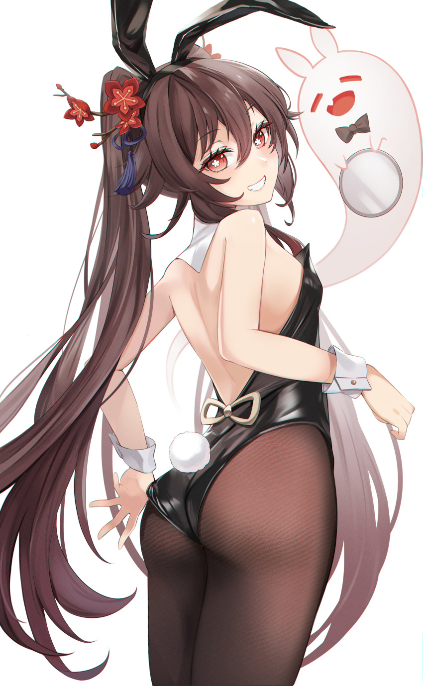 1girl absurdres animal_ears ass black_leotard boo_tao_(genshin_impact) breasts brown_hair cowboy_shot fake_animal_ears fake_tail flower from_behind genshin_impact grin hair_flower hair_ornament highres hu_tao_(genshin_impact) leotard long_hair looking_at_viewer looking_back pantyhose playboy_bunny rabbit_ears rabbit_tail red_eyes simple_background small_breasts smile solo tail thighs twintails very_long_hair white_background wrist_cuffs yutoriko_(candy0905)
