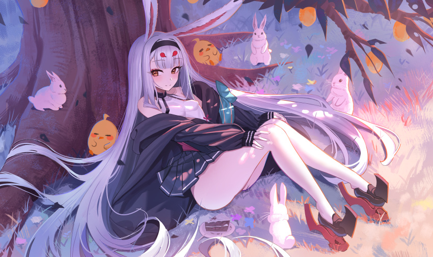 1girl absurdres against_tree animal_ears ass azur_lane bare_legs bare_shoulders black_hairband black_jacket black_skirt blush breasts cake center_opening commentary eyeshadow food from_side full_body hair_between_eyes hairband hands_on_own_knees high_heels highres jacket jacket_pull jeze knees_together_feet_apart knees_up leaning_back legs long_hair makeup manjuu_(azur_lane) miniskirt on_ground open_clothes open_jacket outdoors pale_skin pleated_skirt rabbit rabbit_ears rabbit_girl red_eyeshadow revision rudder_footwear shimakaze_(azur_lane) sitting skirt small_breasts smile thighs tree upskirt very_long_hair white_hair yellow_eyes