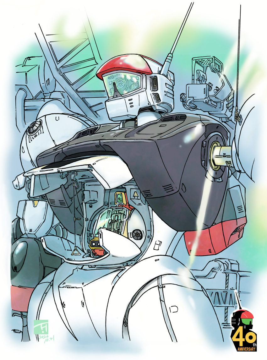 1980s_(style) absurdres anniversary cable chair cockpit commentary_request ginga_hyouryuu_vifam hangar highres janus_(ginga_hyouryuu_vifam) kujira_gunsou logo machinery mecha no_humans official_style open_hatch pilot_chair radio_antenna retro_artstyle robot science_fiction spacecraft spacecraft_interior starfighter vifam