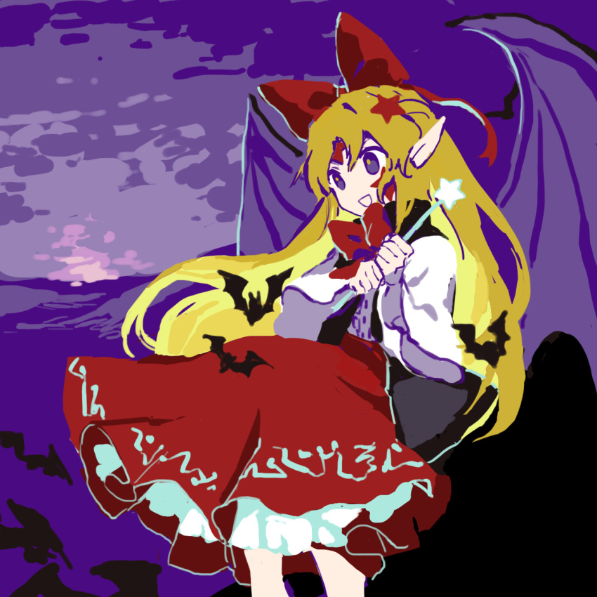 1girl bat_(animal) bat_wings black_vest blonde_hair commentary_request cowboy_shot elis_(touhou) hair_ornament hair_ribbon highres kaigen_1025 long_sleeves neck_ribbon no_nose open_clothes open_mouth open_vest outdoors purple_eyes purple_sky purple_wings red_ribbon red_skirt ribbon shirt skirt sky smile solo star_(symbol) star_hair_ornament touhou touhou_(pc-98) vest white_shirt wings yellow_pupils