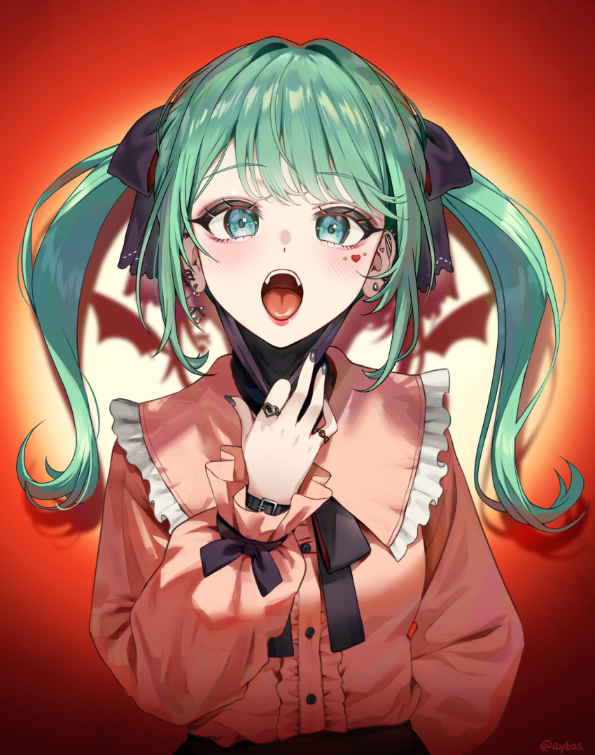 1girl ay6as black_bow black_nails blush bow bow_ring capelet center_frills commentary different_shadow earrings facial_mark frilled_sleeves frills green_eyes green_hair hair_intakes hatsune_miku heart heart_facial_mark heart_print highres jewelry long_hair looking_at_viewer mask mask_pull mouth_mask open_mouth pink_capelet pink_shirt ring shirt sidelocks solo spiked_ear_piercing stud_earrings swept_bangs tongue twintails upper_body vampire_(vocaloid) vocaloid watch wristwatch