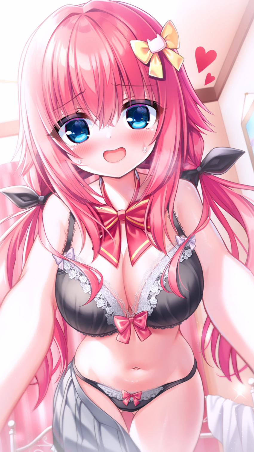 1girl bed blue_eyes blush bra breasts cleavage commentary_request curtains hair_between_eyes hair_ornament hamidashi_creative heavy_breathing highres large_breasts looking_at_viewer low_twintails navel panties pink_hair pov reaching reaching_towards_viewer ribbon stomach tokiwa_kano twintails tyutaka0427 underwear