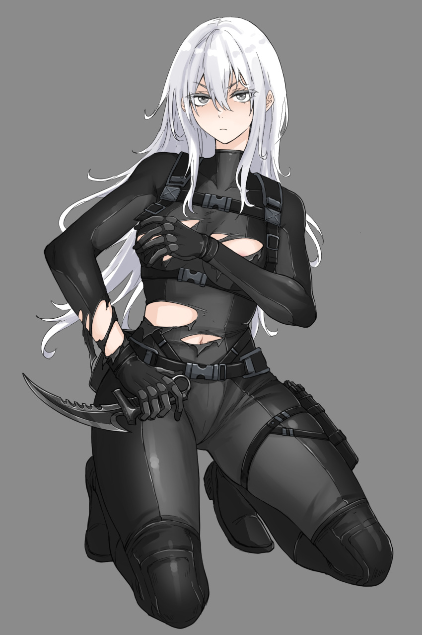 1girl absurdres black_bodysuit bodysuit breasts covering_breasts covering_privates fuku_(fuku12290574) grey_eyes highres holding holding_knife knife long_hair looking_at_viewer military original skin_tight solo torn_bodysuit torn_clothes white_hair