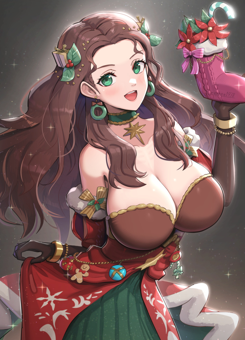 1girl bare_shoulders breasts brown_hair candy candy_cane christmas christmas_wreath_earrings cleavage collarbone commentary dorothea_arnault dorothea_arnault_(winter) dress earrings fire_emblem fire_emblem:_three_houses fire_emblem_heroes fire_emblem_warriors:_three_hopes food gift gingerbread_man gonzarez green_dress green_eyes hair_ornament highres holly_hair_ornament jewelry large_breasts looking_at_viewer official_alternate_costume official_alternate_hairstyle open_mouth red_dress smile solo teeth upper_teeth_only