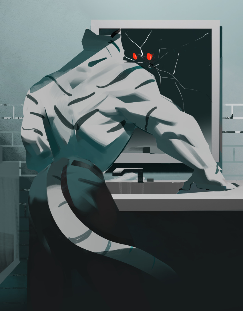 anthro b00fu bottomwear clothing denim denim_bottomwear denim_clothing felid hi_res horror_(theme) jeans looking_at_mirror looking_at_object male mammal mirror muscular muscular_anthro muscular_male pantherine pants pants_only red_eyes solo tiger