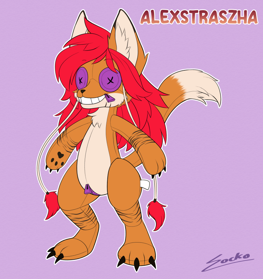 absurd_res alexstraszha animate_inanimate anthro bear button_eyes canid canine corrupt_fluffshie doll felid female fluffshie fox fur hair hi_res hybrid living_doll living_plushie mammal orange_body pantherine plushie purple_eyes red_hair smile sockodrawing solo tail tiger zipper zipper_mouth