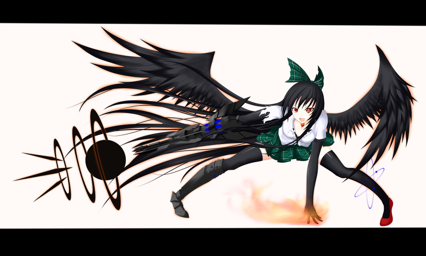 alternate_weapon arm_cannon black_hair black_legwear bow breasts cleavage fire gmot highres letterboxed long_hair medium_breasts mismatched_footwear open_mouth plaid radiation_symbol red_eyes reiuji_utsuho skirt solo symbol-shaped_pupils thighhighs touhou very_long_hair weapon wings zettai_ryouiki