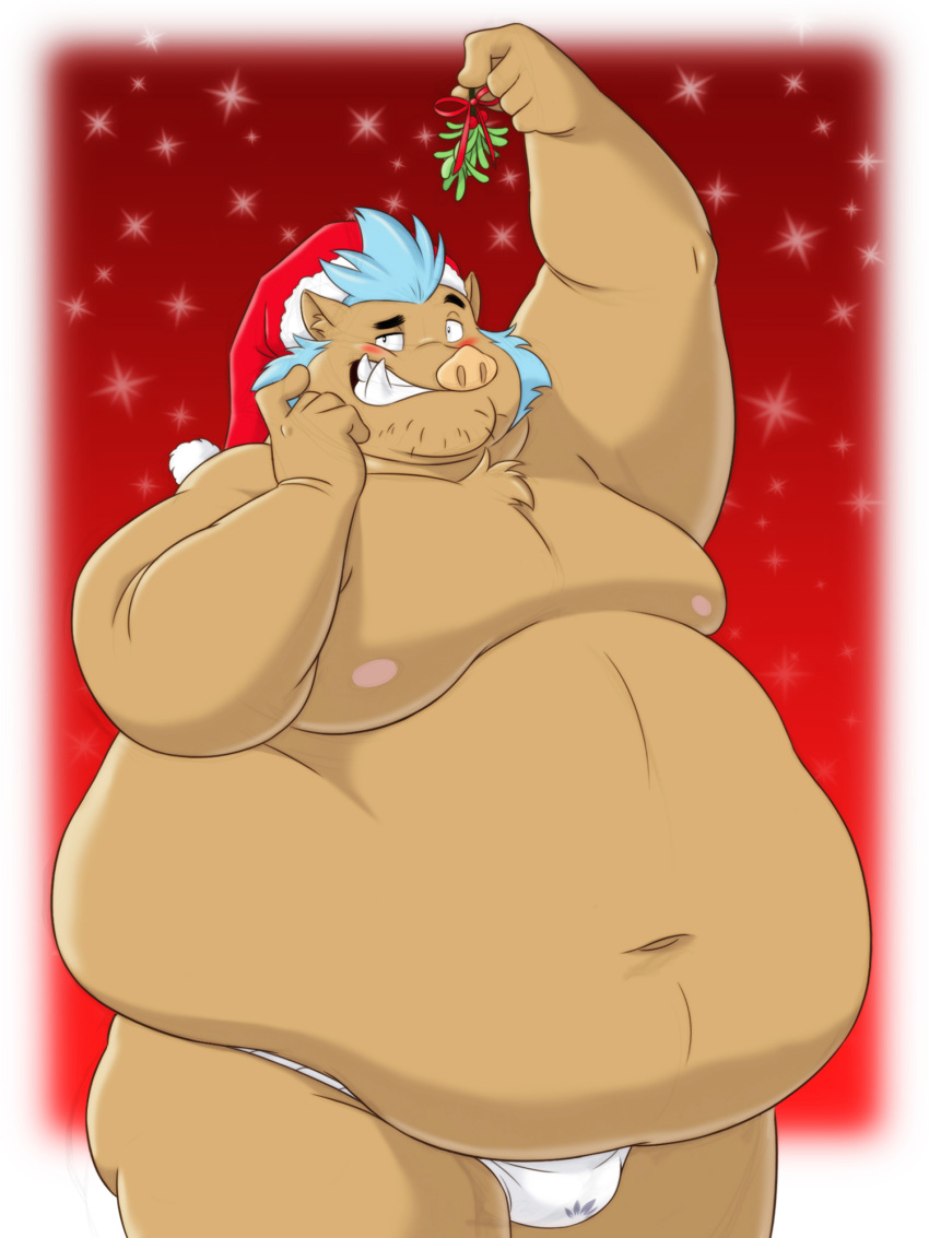 2023 anthro asian_clothing belly big_belly christmas christmas_clothing christmas_headwear clothing east_asian_clothing fundoshi gouryou hat headgear headwear hi_res holidays japanese_clothing lifewonders male mammal mistletoe moobs navel nipples obese obese_male overweight overweight_male plant pokelai santa_hat simple_background solo suid suina sus_(pig) tokyo_afterschool_summoners underwear white_clothing white_fundoshi white_underwear wild_boar