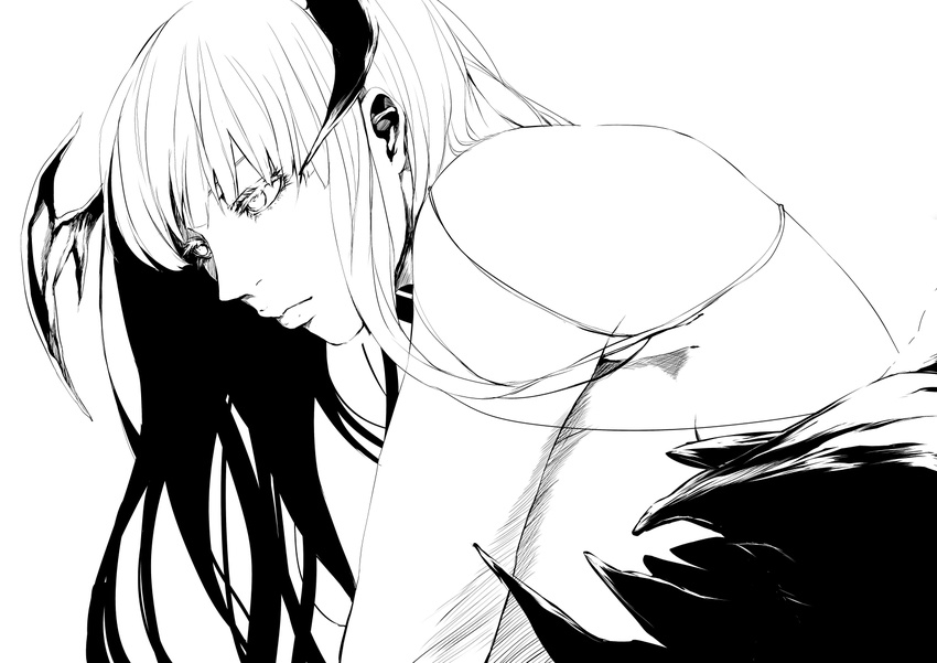 bad_id bad_pixiv_id banned_artist bat_wings greyscale head_wings lips long_hair monochrome morrigan_aensland s_tanly solo transparent_background vampire_(game) wings