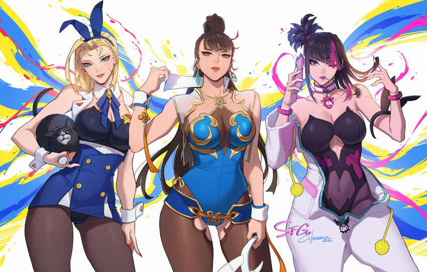 3girls alternate_costume animal_ears bare_shoulders black_leotard bow breasts brown_pantyhose cammy_white chun-li citemer cleavage covered_navel detached_collar fake_animal_ears han_juri highleg highleg_leotard highres large_breasts leotard long_hair looking_at_viewer multiple_girls pantyhose playboy_bunny rabbit_ears smile strapless strapless_leotard street_fighter wrist_cuffs