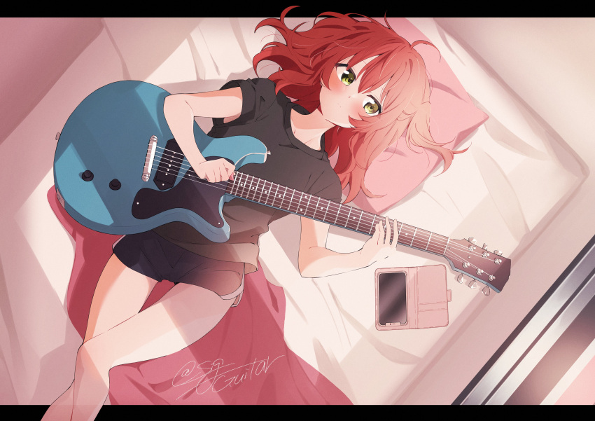1girl absurdres ahoge bedroom black_shirt bocchi_the_rock! casual cellphone dolphin_shorts electric_guitar expressionless from_above guitar highres holding holding_guitar holding_instrument instrument kita_ikuyo letterboxed light_rays lying messy_hair on_back on_bed phone red_hair shigure_(sigre) shirt shorts smartphone solo sunbeam sunlight thigh_gap yellow_eyes