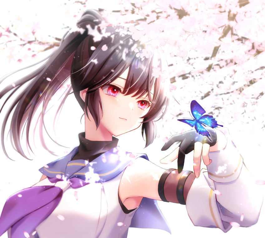 1girl assault_lily black_gloves black_hair black_shirt blue_butterfly blue_sailor_collar blurry blurry_background branch breasts bug butterfly butterfly_on_hand cherry_blossoms closed_mouth commentary_request depth_of_field detached_sleeves falling_petals gloves hair_between_eyes half_gloves hand_up high_ponytail highres large_breasts layered_sleeves lens_flare light_particles light_smile long_sleeves looking_at_animal looking_to_the_side medium_hair mizuha_(dreamchild_0504) nagasawa_yuki_(assault_lily) neckerchief odaiba_girls_high_school_uniform partially_fingerless_gloves petals ponytail purple_neckerchief red_eyes sailor_collar school_uniform serafuku shirt sleeveless sleeveless_shirt solo undershirt upper_body white_background white_shirt