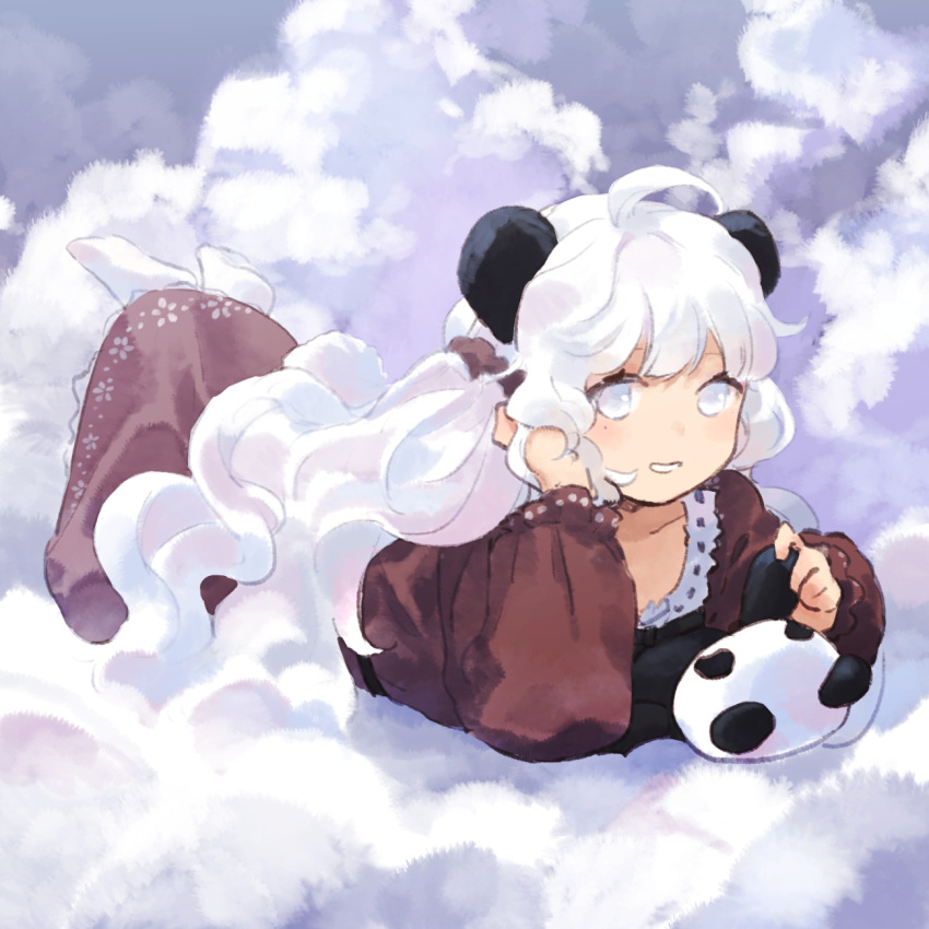 1girl ahoge animal_ears black_bow bow character_request cloud commentary_request copyright_request dress hair_ornament hair_scrunchie hand_in_own_hair highres kaigen_1025 long_hair long_sleeves lying mole mole_under_eye no_shoes on_stomach panda_ears panda_girl petticoat red_dress red_scrunchie scrunchie smile socks stuffed_animal stuffed_panda stuffed_toy wavy_hair white_eyes white_hair white_socks