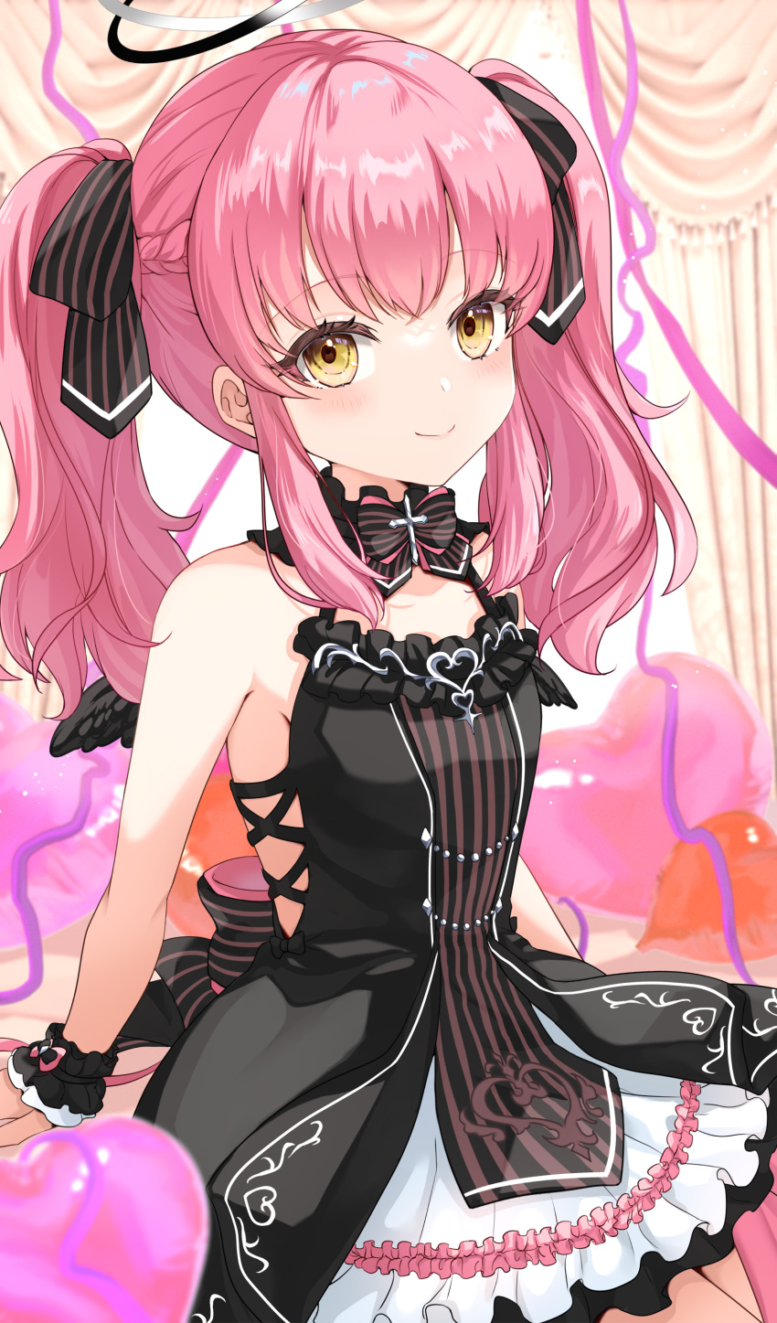 absurdres angel_wings backless_dress backless_outfit balloon bare_shoulders black_dress black_ribbon black_wings blush breasts datenchi_yua detached_collar double_halo dress frilled_dress frills hair_ornament halo heart_balloon highres indie_virtual_youtuber kudoukudokudo long_hair looking_at_viewer mini_wings ribbon sleeveless sleeveless_dress small_breasts twintails two-tone_dress virtual_youtuber white_dress wings wrist_cuffs yellow_eyes