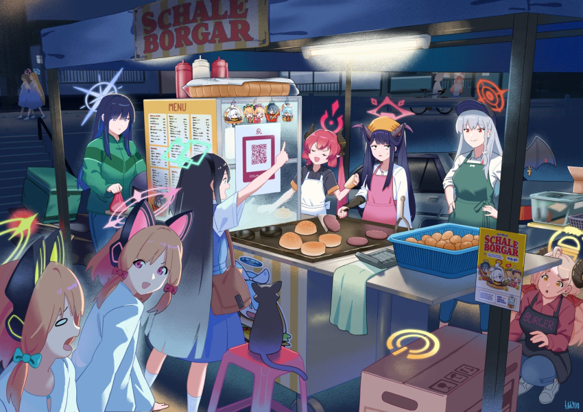 6+girls ahoge alternate_costume animal_ear_headphones animal_ears apron aris_(blue_archive) arm_up arona_(blue_archive) bag baseball_cap bicycle black_headwear black_shirt blonde_hair blue_archive blue_dress blue_hair bow box brown_hair burger calculator car cardboard_box cat clothes_writing commentary cooking denim dress fake_animal_ears fikkyun food food_delivery_box fuuka_(blue_archive) green_jacket grey_hair griddle hair_bow hairband halo hands_on_own_hips haruna_(blue_archive) hat head_scarf headphones hiding holding holding_spatula horns index_finger_raised izumi_(blue_archive) jacket jeans junko_(blue_archive) long_hair midori_(blue_archive) momoi_(blue_archive) motor_vehicle multiple_girls night open_mouth outdoors pants people pink_eyes plana_(blue_archive) poster_(object) qr_code red_eyes red_hair red_shirt saori_(blue_archive) shirt short_hair shoulder_bag signature single_wing smile spatula squatting standing stool table towel twintails vending_cart walking wings yuzu_(blue_archive)