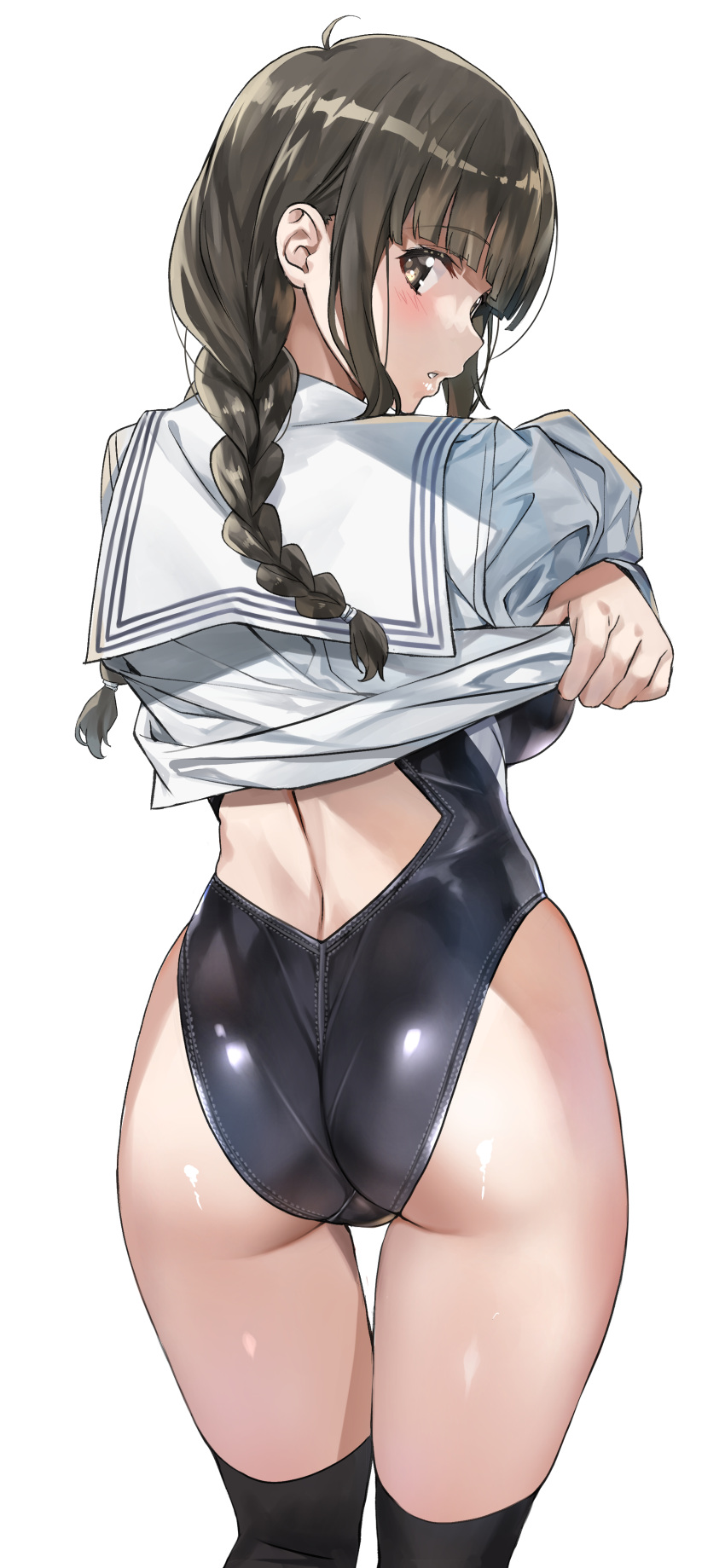 1girl absurdres ass black_one-piece_swimsuit black_socks blush braid breasts brown_eyes brown_hair clothes_lift commentary_request competition_swimsuit cowlick from_behind hanasaku_iroha highres lifted_by_self long_hair looking_at_viewer looking_back low_twin_braids medium_breasts nagayori one-piece_swimsuit oshimizu_nako over-kneehighs parted_lips sailor_collar shirt shirt_lift simple_background socks solo swimsuit swimsuit_under_clothes teeth thigh_gap thighhighs twin_braids white_background white_sailor_collar white_shirt