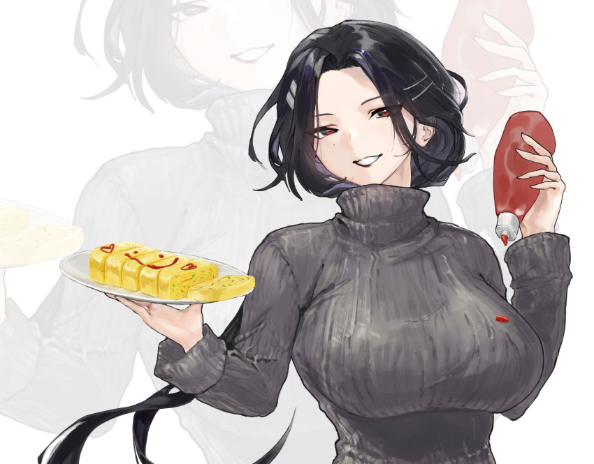 1girl absurdres black_hair bottle breasts food girls'_frontline grey_sweater hair_ornament hairclip highres holding holding_bottle ketchup ketchup_bottle large_breasts long_hair looking_at_viewer mole mole_under_eye oobak parted_lips plate qbu-191_(girls'_frontline) red_eyes ribbed_sweater smile solo sweater upper_body white_background zoom_layer