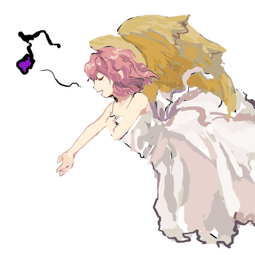 1girl character_request closed_eyes commentary_request copyright_request dress dress_ribbon hand_on_own_chest highres kaigen_1025 music musical_note open_mouth outstretched_arm pink_hair ribbon simple_background singing sleeveless sleeveless_dress white_background white_dress white_ribbon wings yellow_wings